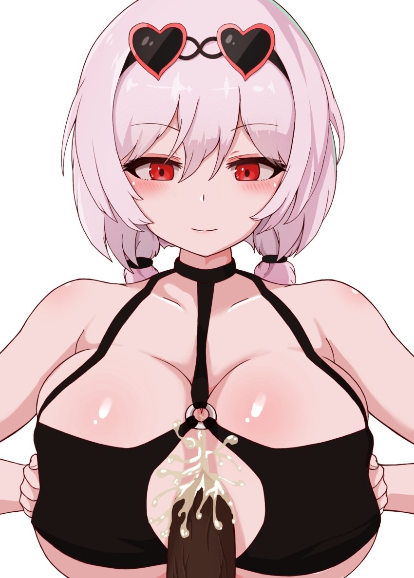 1boy 1girls alternate_costume azur_lane bikini bikini_top blush breasts cleavage cum cum_between_breasts cum_in_cleavage cum_on_breasts cumming_from_paizuri cumming_in_cleavage cumshot cumshot_in_chest dark-skinned_male dark_skin ejaculating_cum ejaculating_in_cleavage ejaculation ejaculation_between_breasts eyebrows_visible_through_hair happy_paizuri huge_breasts land_wharf light-skinned_female light_skin male_pov official_alternate_costume paizuri paizuri_under_bikini penis pov red_eyes royal_navy_(azur_lane) simple_background sirius_(azur_lane) sirius_(scorching-hot_seirios)_(azur_lane) sunglasses sunglasses_on_head swimsuit swimsuit_paizuri swimsuit_top swimzuri titty_creampie white_background white_hair