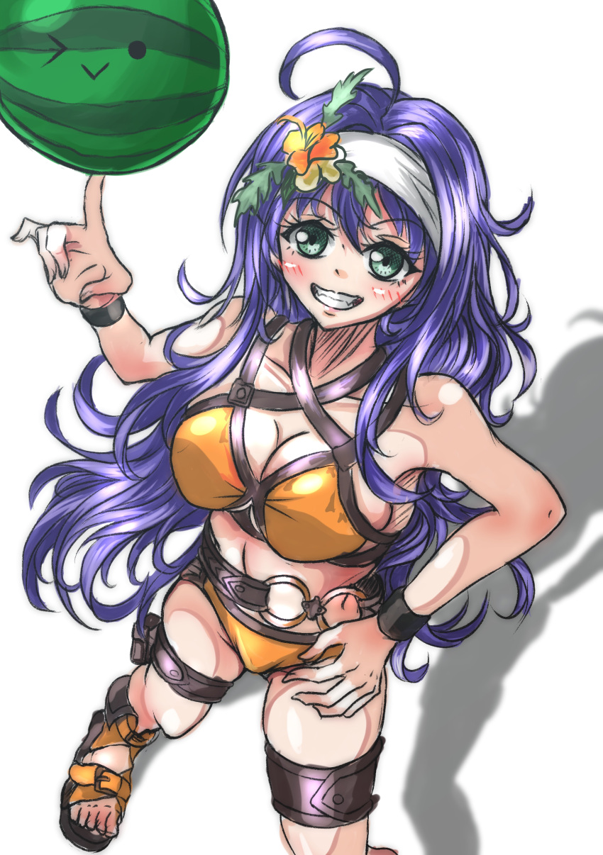 ;) ahoge alternate_costume armpits balancing bare_arms bare_thighs bikini blue_hair breasts cleavage female female_only fire_emblem fire_emblem:_path_of_radiance fire_emblem:_radiant_dawn fire_emblem_heroes flower from_above fruit green_eyes grin hair_flower headband large_breasts long_hair looking_at_viewer looking_up mia_(fire_emblem) mia_(summer)_(fire_emblem) nintendo official_alternate_costume orange_bikini orange_swimsuit smile swimsuit thighs very_long_hair violet_migu18 watermelon white_background