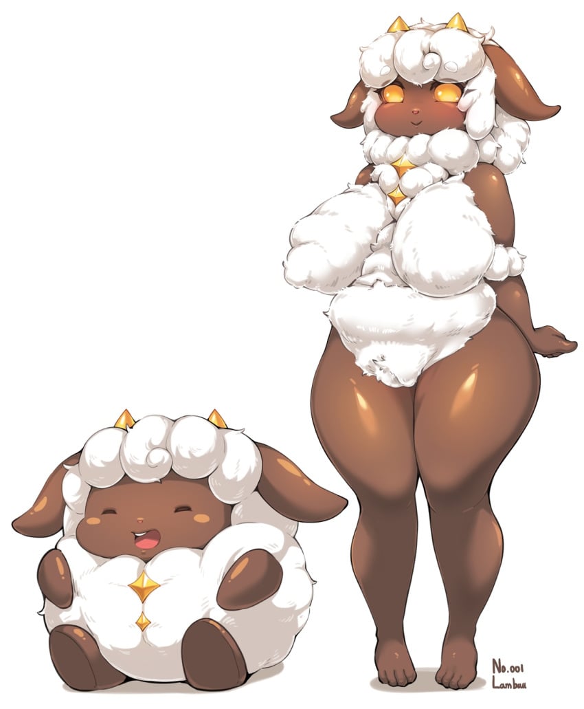 amber_eyes anthro arms_behind_back barefoot big_breasts blush boingfarm dark_skin furry horns knees_together_feet_apart lamball pal_(species) palworld pocketpair slightly_chubby solo thick_thighs white_wool wide_hips wool wool_(fur)