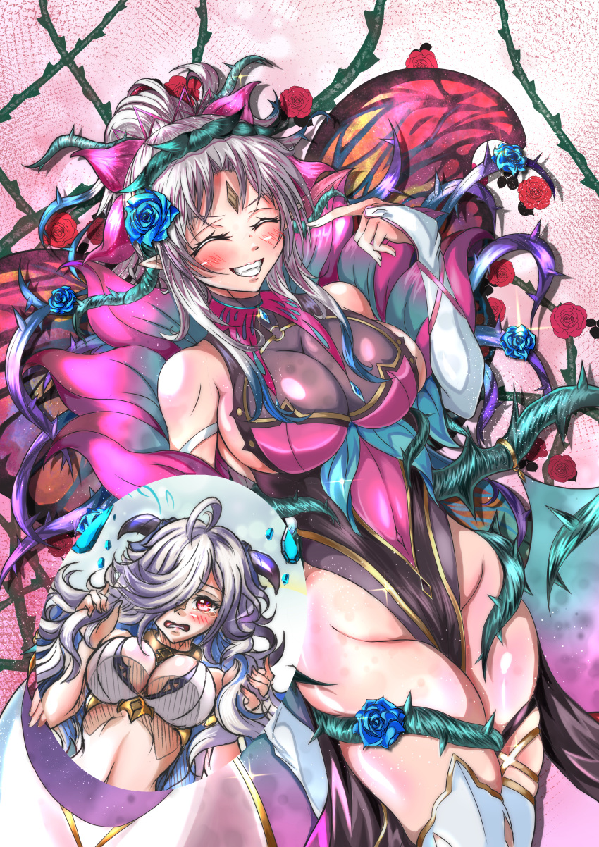 2girls ahoge alternate_costume bare_midriff bare_thighs bikini blue_hair blush bodystocking boots breasts bridal_gauntlets cleavage closed_eyes collar colored_inner_hair cosplay covered_navel crying crying_with_eyes_open dress eitr_(fire_emblem) embarrassed fairy fairy_wings female female_only fire_emblem fire_emblem_heroes freyja_(fire_emblem)_(cosplay) grey_hair grin hair_over_one_eye hornso large_breasts leotard long_hair looking_at_viewer midriff multicolored_hair multiple_girls nervous nintendo official_alternate_costume open_mouth pelvic_curtain pink_background plumeria_(fire_emblem) plumeria_(rapturous_dream)_(fire_emblem) pointy_ears ponytail red_eyes sideboob smile solo_focus swimsuit thick_thighs thigh_boots thighs thorns very_long_hair violet_migu18 white_bikini white_swimsuit wings