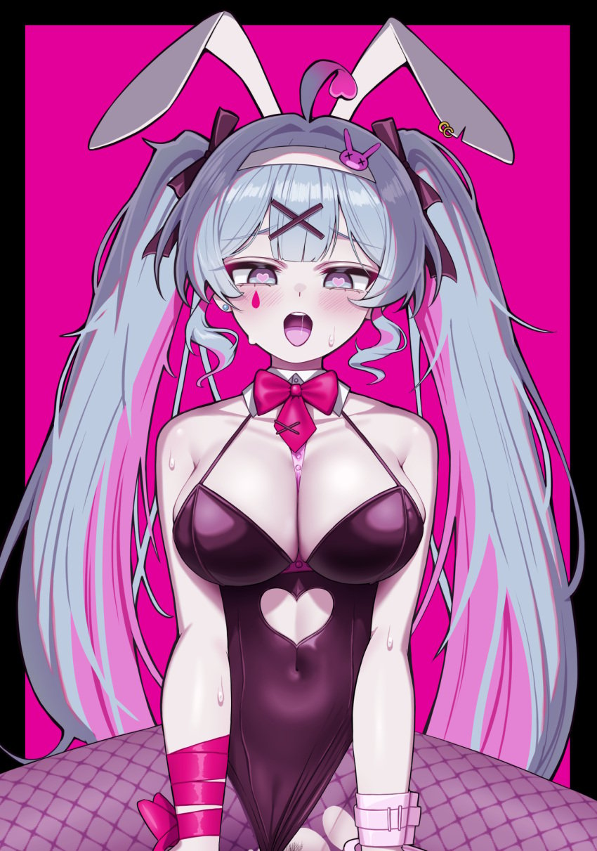 1girls alternate_breast_size animal_ears black_leotard blue_eyes blue_hair breasts cleavage clothing_aside clothing_cutout covered_navel fake_animal_ears female female_only female_pubic_hair fishnet_pantyhose fishnets hair_ornament hatsune_miku heart heart-shaped_pupils heart_cutout highres implied_sex large_breasts leotard leotard_aside long_hair looking_at_viewer open_mouth paid_reward_available pantyhose playboy_bunny pubic_hair rabbit_ears rabbit_hole_(deco*27/caststation) rabbit_hole_(vocaloid) rank_alee saliva solo solo_female sweat symbol-shaped_pupils teardrop_facial_mark torn_clothes_long_hair twintails vocaloid x_hair_ornament