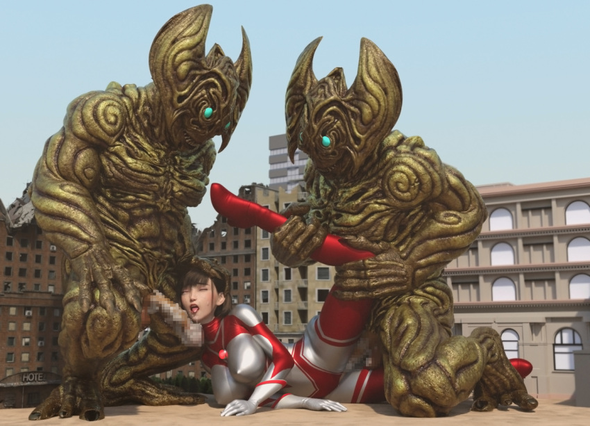 1girls 2boys 3d alien alien_girl alien_humanoid breasts building building_destruction building_sex city female female_penetrated heroine human losing losing_fight rape tight_clothing ultraman_(franchise) ultrawoman ultrawoman_katia