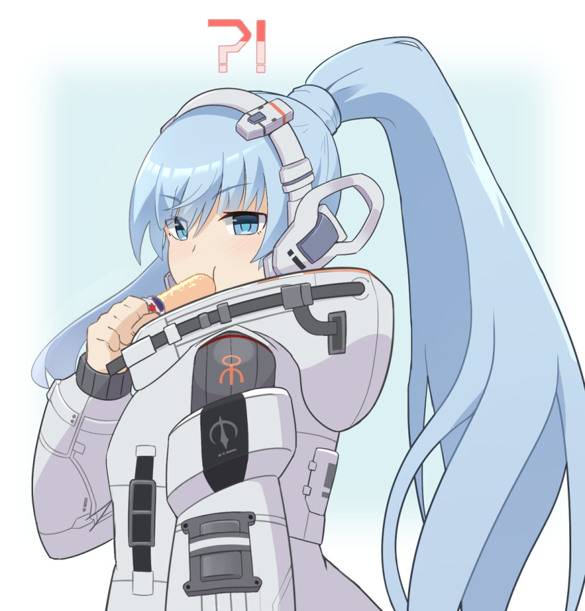 blue_eyes blue_hair blushing eating eyebrows food magtata marielle_kenny marielle_l_kenny military_uniform ponytail square_enix star_ocean star_ocean_the_divine_force uniform