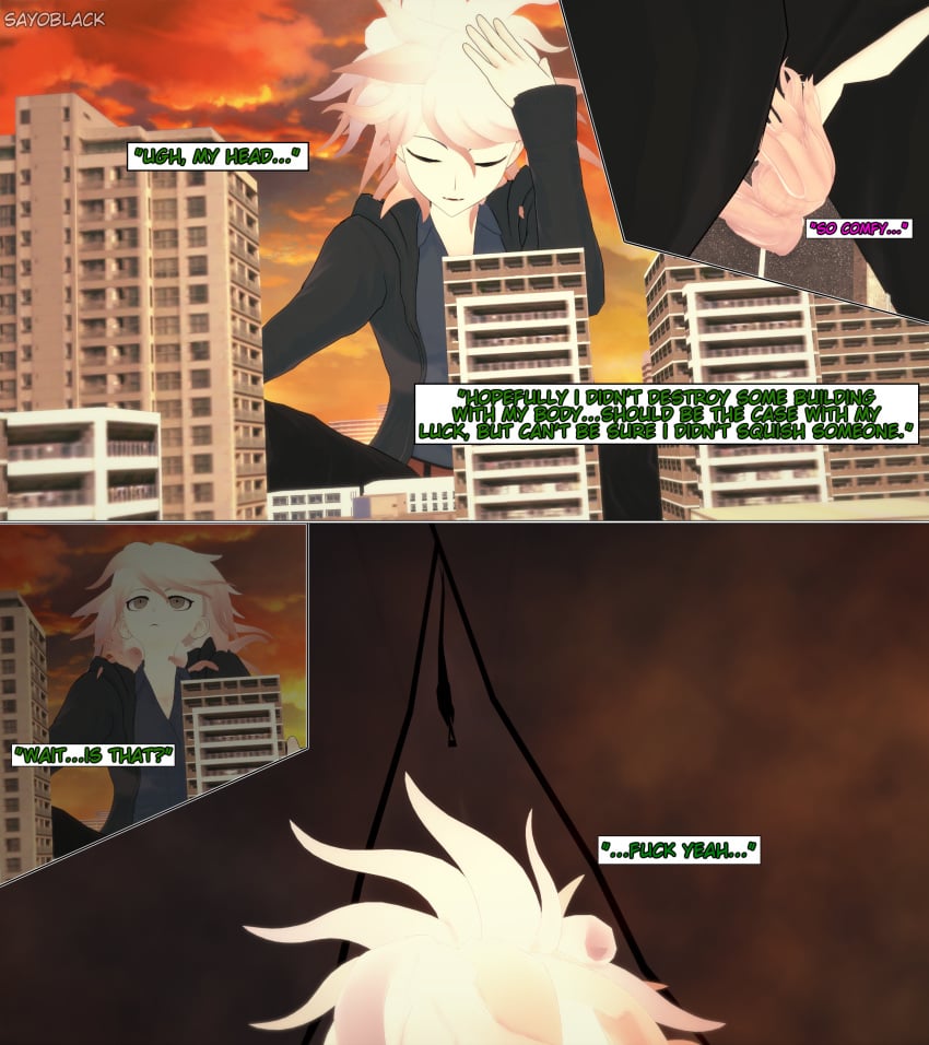 1boy big_ass big_ass_(male) big_breasts big_butt big_butt_(male) city_background city_destruction comic crushing female fire giant giantess izuru_kamukura junko_enoshima koikatsu male_is_bigger nagito_komaeda sitting_on_person text text_box