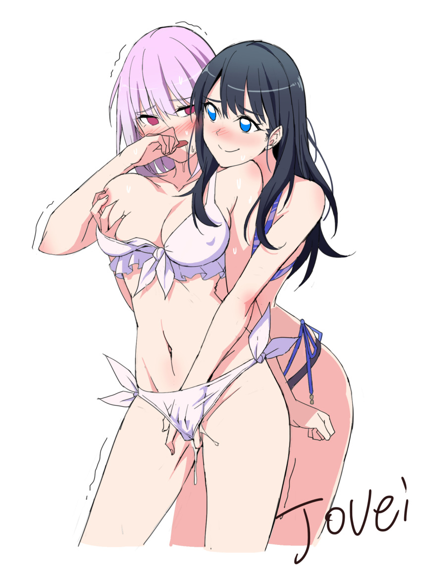 2girls absurdres adult_swim artist_name bikini black_bikini black_hair blue_bikini blue_eyes blush breasts closed_mouth commentary_request covered_nipples cropped_legs fingering gridman_universe groping highres jovei large_breasts long_hair multiple_girls navel open_mouth pink_hair purple_eyes pussy_juice shinjou_akane short_hair simple_background smile ssss.gridman stomach swimsuit takarada_rikka toonami white_background white_bikini yuri