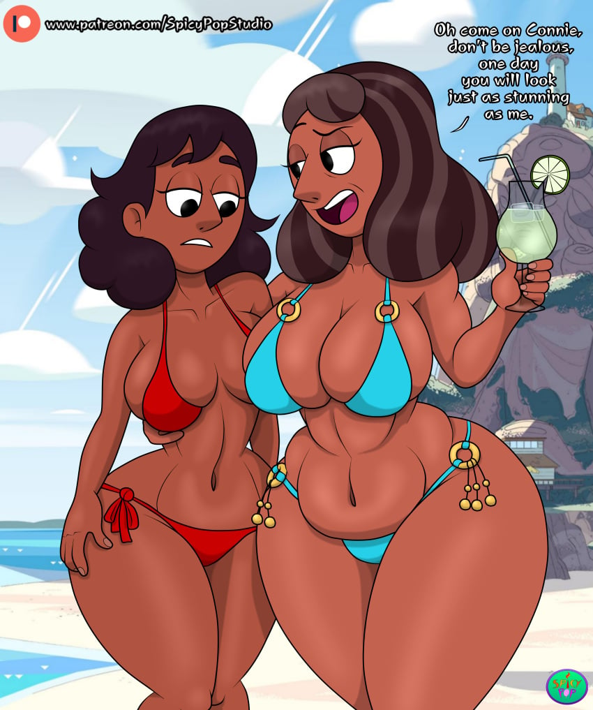 2girls big_breasts bikini bikini_bottom bikini_top blue_bikini bottomwear breast_envy breasts brown_hair cleavage connie_maheswaran daughter english english_text female female_only hair half-closed_eyes hand_on_waist hips holding_drink huge_breasts looking_at_breasts mature mature_female mature_woman medium_breasts meme milf mother mother_and_daughter mother_daughter_boob_envy_(meme) multiple_girls priyanka_maheswaran red_bikini spicypop steven_universe swimwear text thighs topwear wide_hips