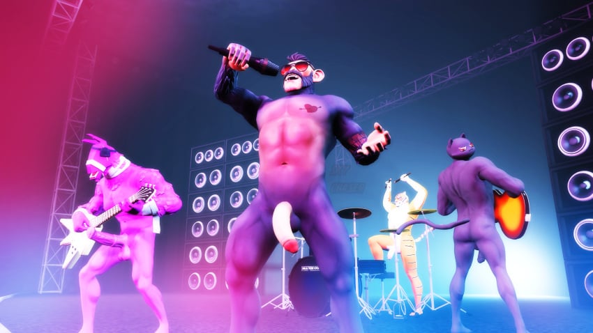 3d animate_inanimate anthro ass balls band camelid chest_tattoo concert digital_media_(artwork) domestic_cat drum electronics epic_games eye_patch eyepatch eyewear felid feline felis fortnite genitals group guitar haplorhine hi_res j.b._chimpanski living_pinata llama lt._john_llama male mammal meowscles meowscles_(shadow) microphone monkey muscular muscular_anthro muscular_male musical_instrument naked nude oscar_(fortnite) pantherine penis percussion_instrument pinata plucked_string_instrument primate public public_nudity sky_chaser source_filmmaker speaker string_instrument tattoo tiger