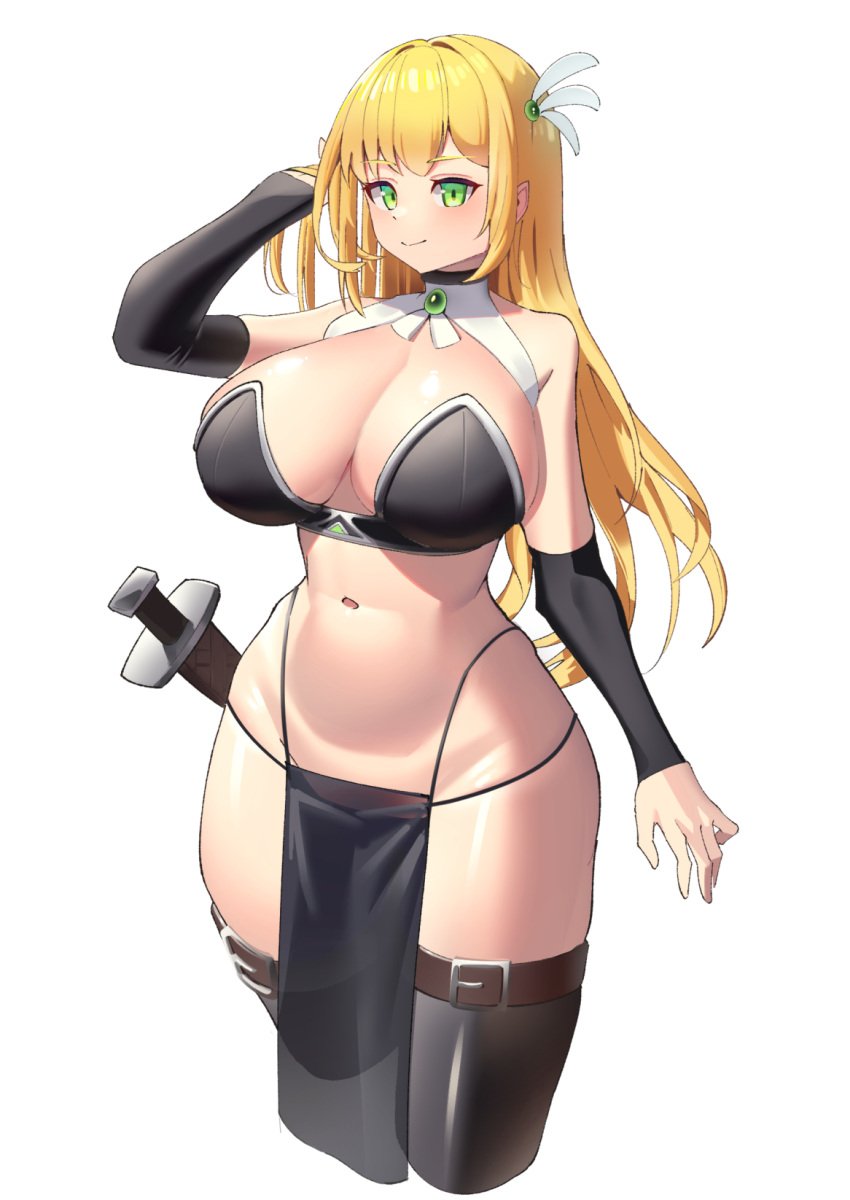 1girls 2023 arm_up armor bare_shoulders bikini_armor black_bra blonde_hair blush bra breasts cleavage clothing detached_sleeves eyebrows_visible_through_hair female female_only fully_clothed green_eyes hair_lift hair_ornament hand_in_hair highres jewelry large_breasts loincloth looking_at_viewer midriff navel original pelvic_curtain revealing_clothes sheath shiromitsu simple_background skimpy_clothes smile solo sword thighhighs thighs thong_straps weapon white_background