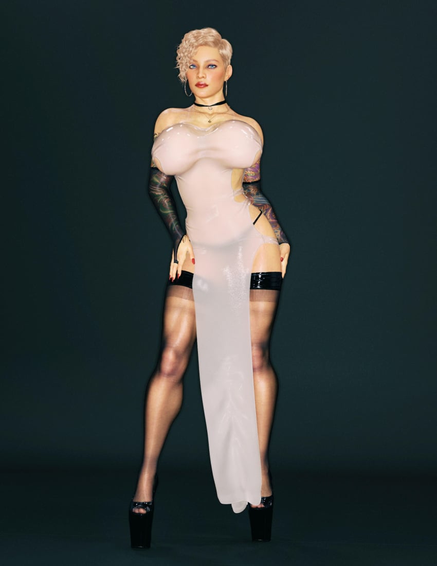 1girls 2023 3d arm_tattoo blonde_hair blue_eyes breasts_bigger_than_head choker earrings female female_only hoop_earrings huge_breasts jonasd jonasd-3dart lipstick lucy_(jonasd) original_character platform_heels red_lipstick red_nail_polish red_nails short_hair solo solo_female tattoo