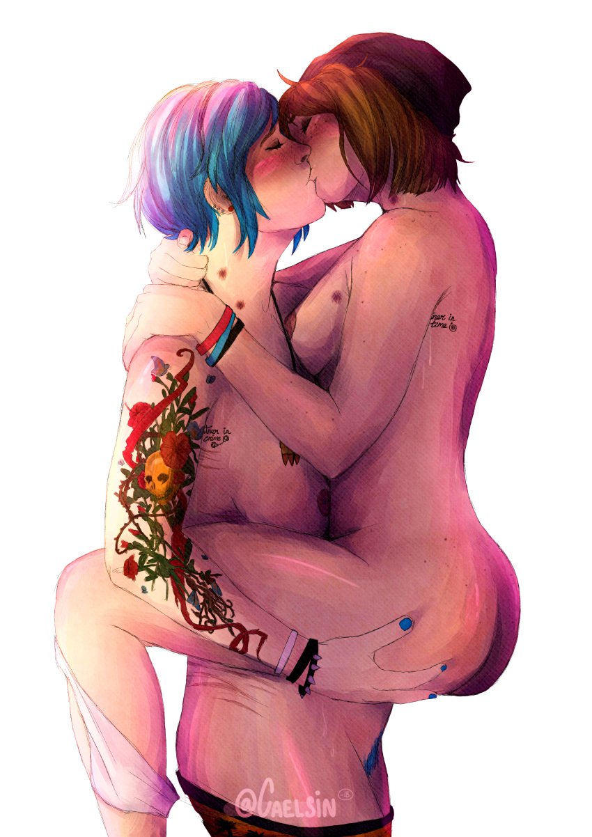 2d 2d_(artwork) 2girls blue_hair breasts caelsin canon_couple carrying_partner chloe_price dyed_hair dyed_pubic_hair female female/female female_only girls girls_only hickey hickey_marks kissing lesbian lesbian_kiss life_is_strange matching_tattoo max_caulfield multiple_girls nude nude_female piercing piercing_nipples redraw scars self_harm_scars self_upload tattoo wholesome yuri