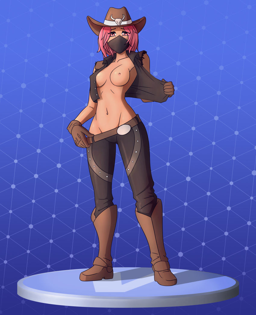 absurdres aur0raz0ne boots breasts calamity_(fortnite) cowboy_hat face_mask female fortnite gloves hat highres leather_pants looking_at_viewer mask navel nipples open_clothes pink_eyes pink_hair pulling_down_pants short_hair solo standing tagme vest