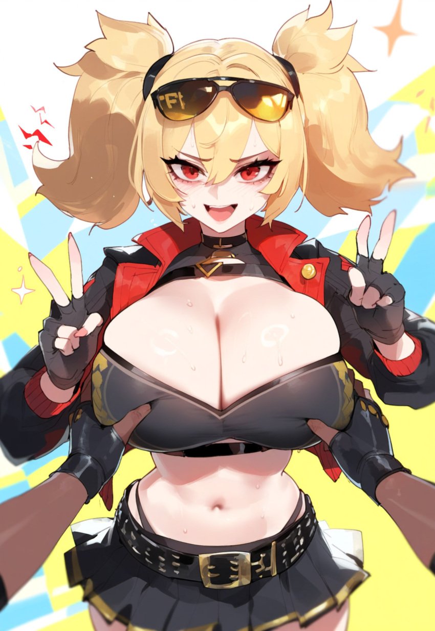 1boy 1girls ai_generated bangs blonde_hair breast_grab breasts burnice_white double_v eyewear_on_head fingerless_gloves gloves grabbing grabbing_another's_breast huge_breasts long_hair looking_at_viewer mole mole_on_breast navel open_mouth pov red_eyes skirt smile solo_focus straight sunglasses sweat twintails v zenless_zone_zero