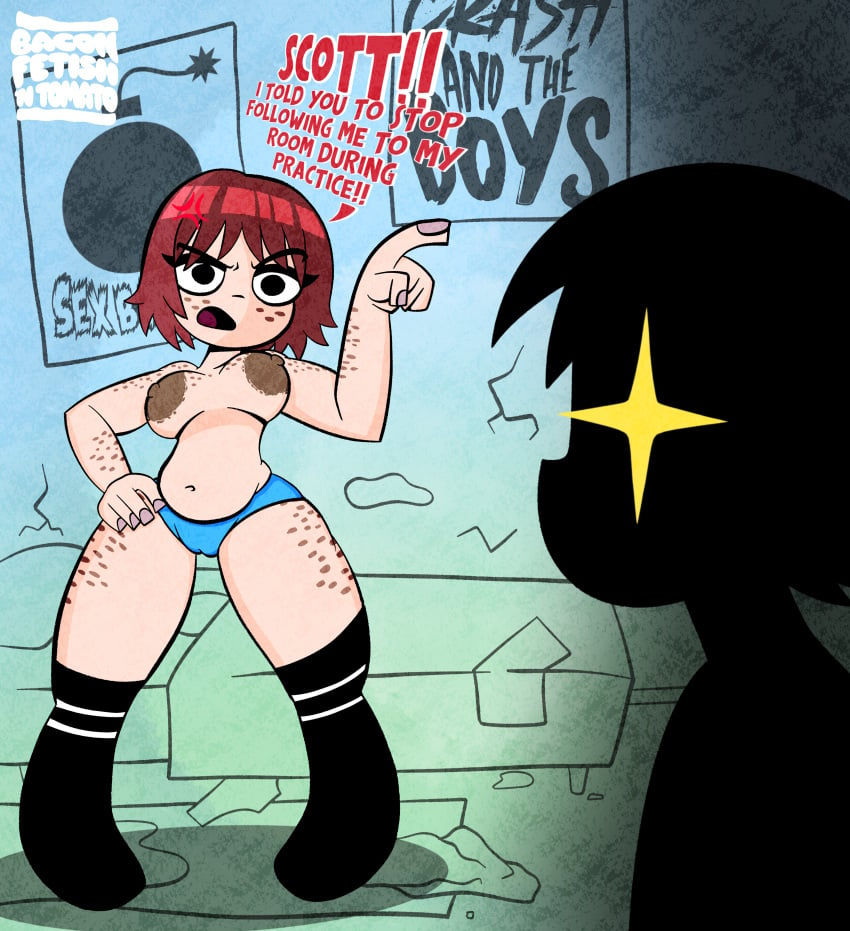 1boy 1boy1girl 1girls angry angry_expression areolae baconfetish&#039;ntomato bedroom big_nipples breasts cameltoe dark_body dark_nipples english_text female foreground_silhouette freckles hand_on_hip kim_pine legwear male navel nipples pale_skin panties part_of_a_set pointing poster red_hair scott_pilgrim scott_w_pilgrim short_hair sillouette slightly_chubby slightly_chubby_female socks speech_bubble thick_thighs topless underwear voyeur voyeurism wide_hips