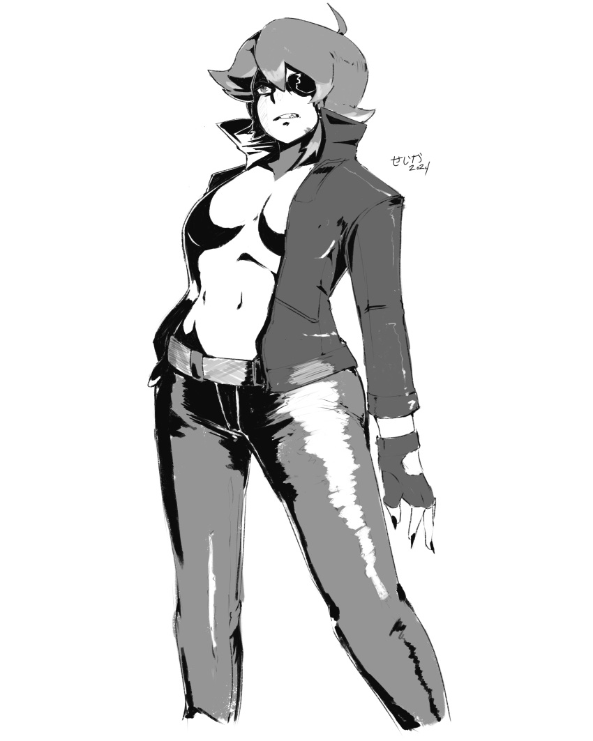 1girls angry_face avian_humanoid belly_button big_breasts black_and_white clothed eye_patch harpy leather_jacket leather_pants no_bra no_panties no_shirt skeleharpy youtuber_girl