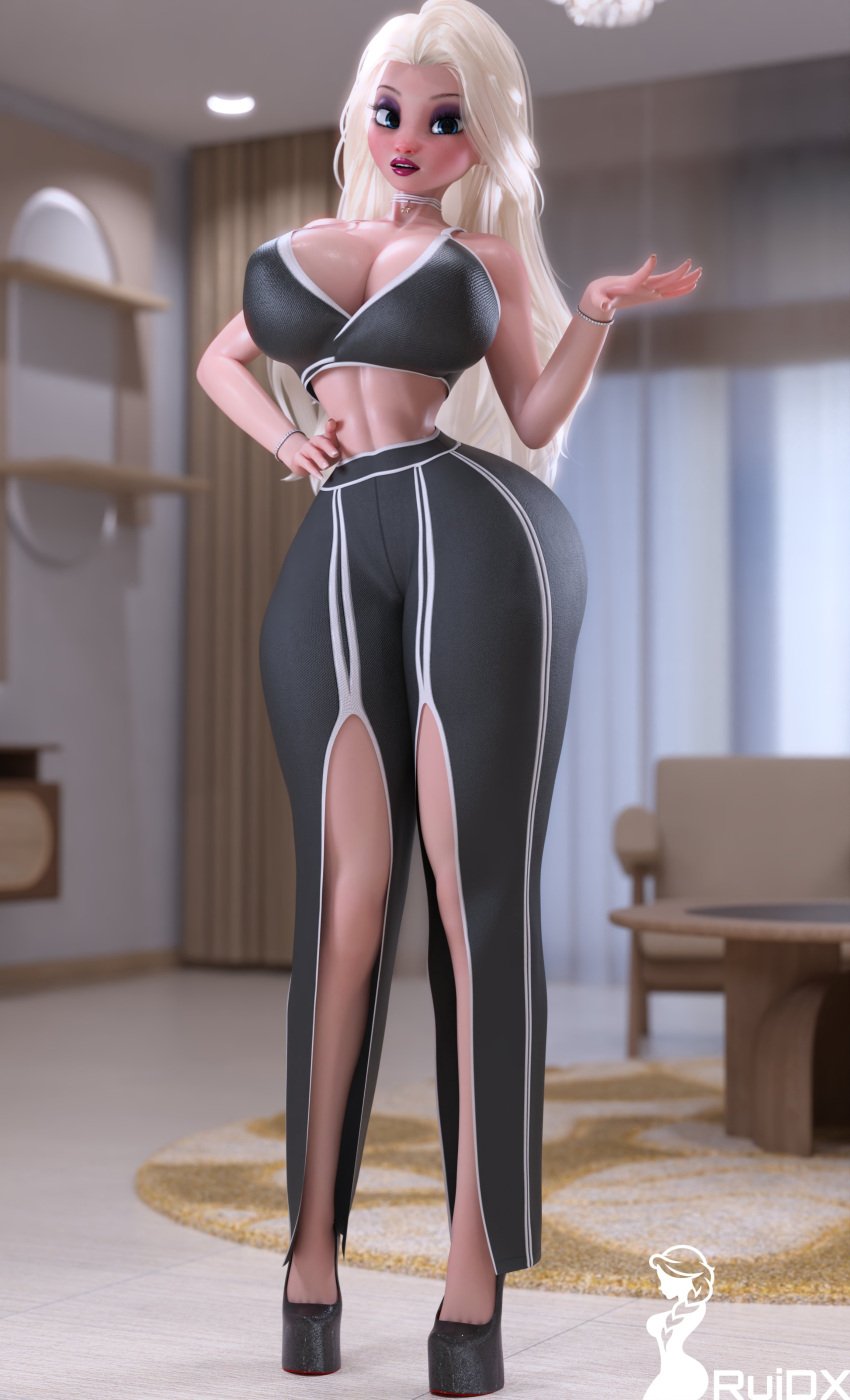 3d big_breasts blue_eyes boob_window breasts cleavage curvy curvy_figure elsa_(frozen) frozen_(film) frozen_2 high_heels long_hair looking_at_viewer platform_heels ruidx thighs