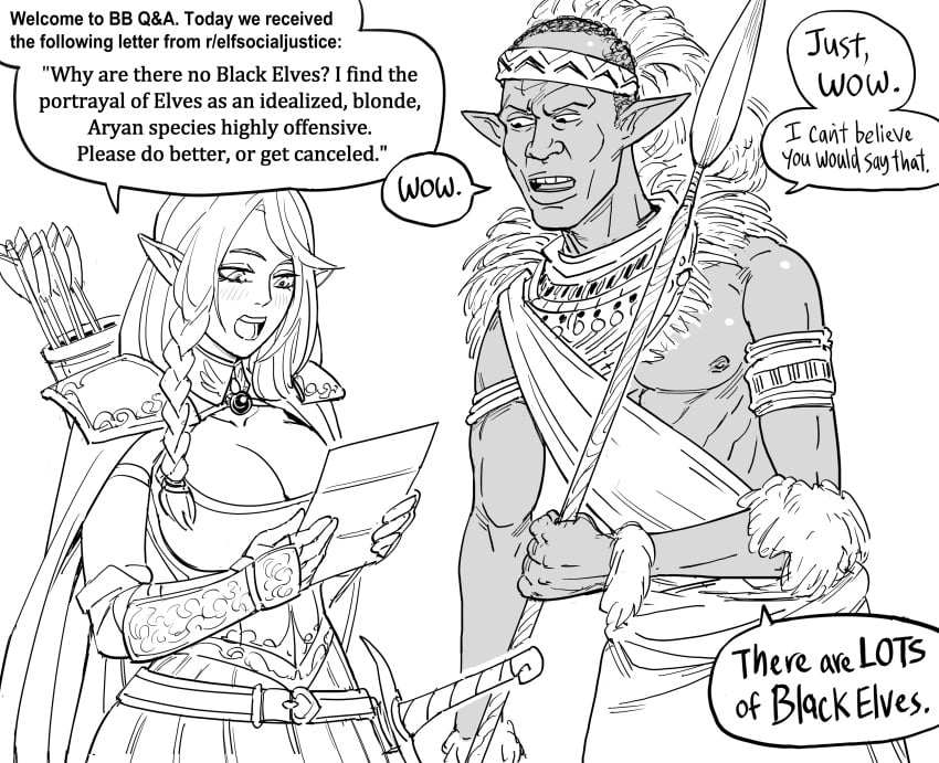 1boy absurdres african_clothes arrow_(projectile) bb_(baalbuddy) breasts cleavage comic commentary dark-skinned_male dark_skin english_commentary english_text female greyscale highres holding holding_letter holding_polearm holding_weapon letter looking_at_object monochrome nipples open_mouth original pointy_ears polearm quiver reading sheath sheathed spear sword weapon