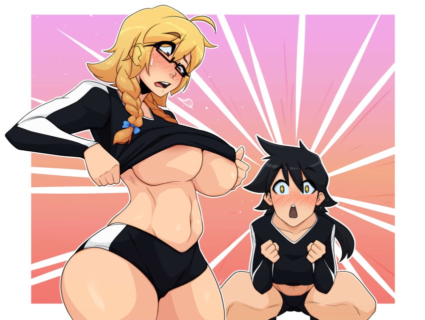 2girls abdomen abigail_lindstrom black_hair blonde_hair blushing gardnerverse glasses kim_nguyen large_breasts numbnutus ponytail small_clothes sportswear star_eyes twin_braids underboob yuri