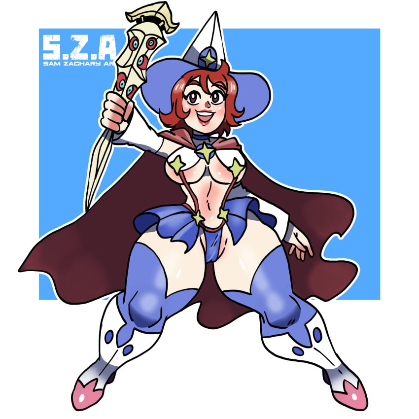 alternate_costume big_breasts boots breast breasts cape clothed little_witch_academia magical_girl miniskirt red_eyes red_hair samyueru shiny_chariot short_hair sleeves socks thick_thighs thighs thong witch witch_hat