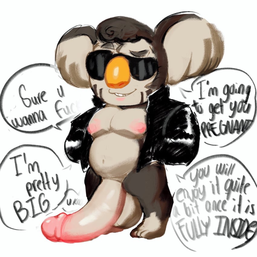 animal_crossing anthro balls big_balls big_penis eugene_(animal_crossing) flaccid furry hands_in_pockets huge_cock jacket jacket_only jacket_open koala male male_only nintendo pec_ra penis small_but_hung solo solo_male speech_bubble sunglasses