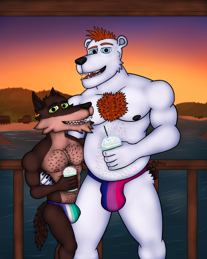 absurd_res anthro beach bear beverage biped bisexual_pride_colors bjorn_(mckodimus) blue_eyes body_hair brown_body brown_fur bulge canid canine canis chest_hair container cup detailed_bulge duo ear_piercing fur green_eyes hair hi_res konrad_(mckodimus) lgbt_pride lgbt_pride_month male male/male male_anthro mammal mckodimus multicolored_body multicolored_fur muscular orange_hair piercing polar_bear pride_colors sea smoothie sunset two_tone_body two_tone_fur ursine vincian_pride_colors water white_body white_fur wolf