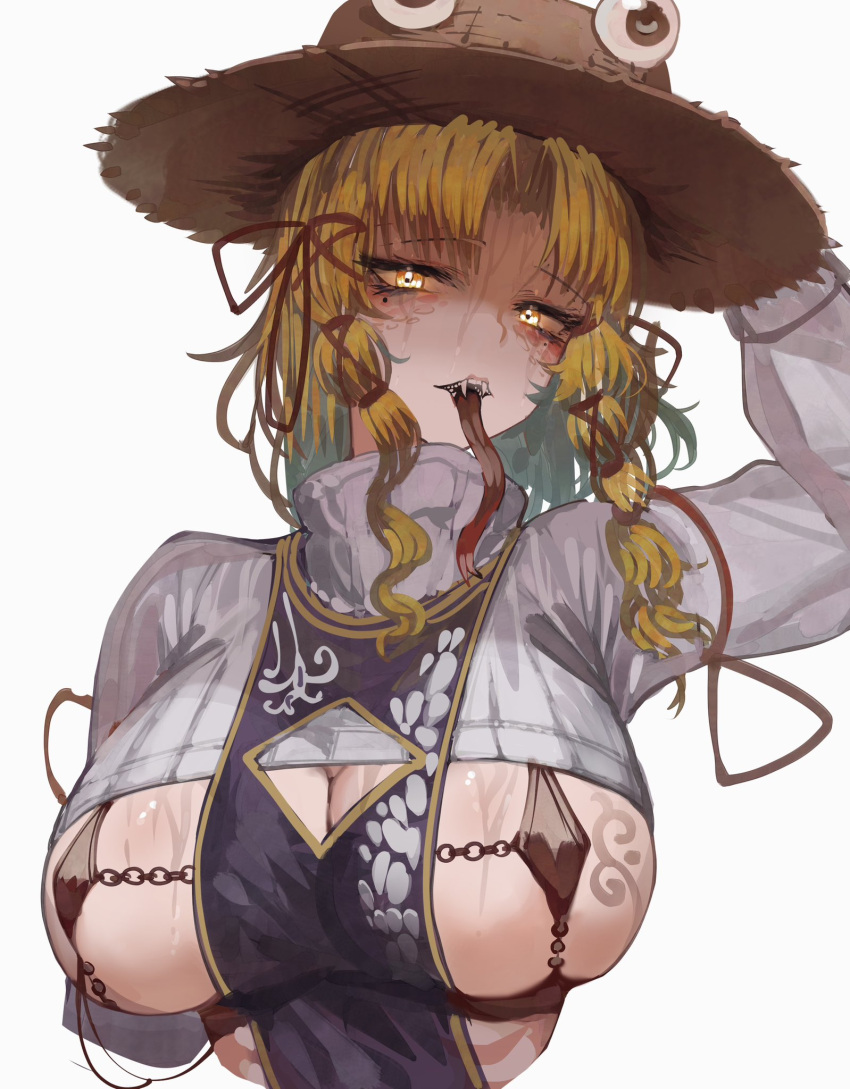 1girls big_breasts blonde_hair boob_window breasts fangs goddess hat light-skinned_female long_tongue revealing_clothes solo solo_female suwako_moriya tomatolover16 touhou underboob white_background yellow_eyes