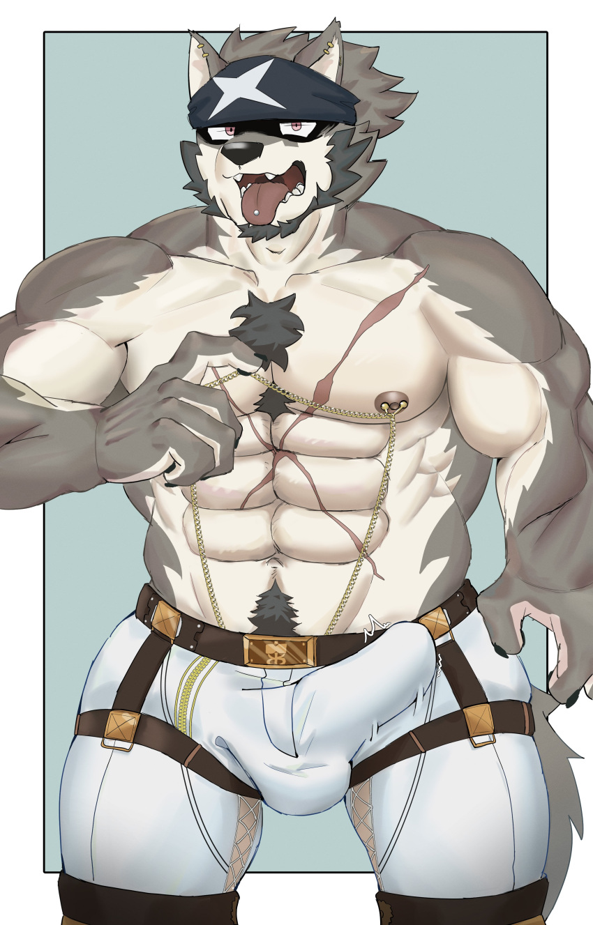 another_eidos_of_dragon_vein_r anothereidos_of_dragon_vein_r anthro armpit_focus armpit_hair ateeesta_92 balls_bulge bandanna_on_forehead belt bodily_fluids body_hair bottomwear bulge canid canine canis chains chest_hair clothing full_house_(anothereidos_r) fullhouse gold_(metal) gold_chain happy_trail hi_res male male_only mammal muscular muscular_male nipple_piercing nipples pants piercing raised_arms red_eyes scar solo solo_male sweat tenting wolf