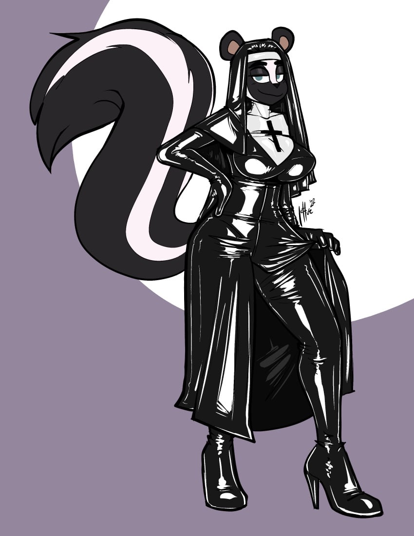 2022 absurd_res anthro breasts bulge clothing cross digital_media_(artwork) footwear grey_background gynomorph hi_res high_heels intersex latex lettuce_(artist) looking_at_viewer mammal mephitid nun nun_habit nun_outfit religious_clothing simple_background skunk smile solo standing