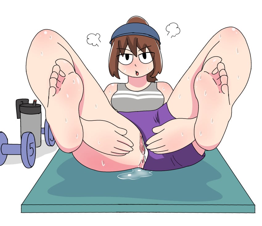 1girls 2018 blue_cap brown_hair dumbbell exercise_clothing exhausted eyebrows_visible_through_hair feet grey_tank_top laying_on_back looking_at_viewer mouth_open purple_shorts revealing_pussy shgurr sweat sweatdrop tampon thermos unknown_artist vagina yoga_mat youtube youtuber