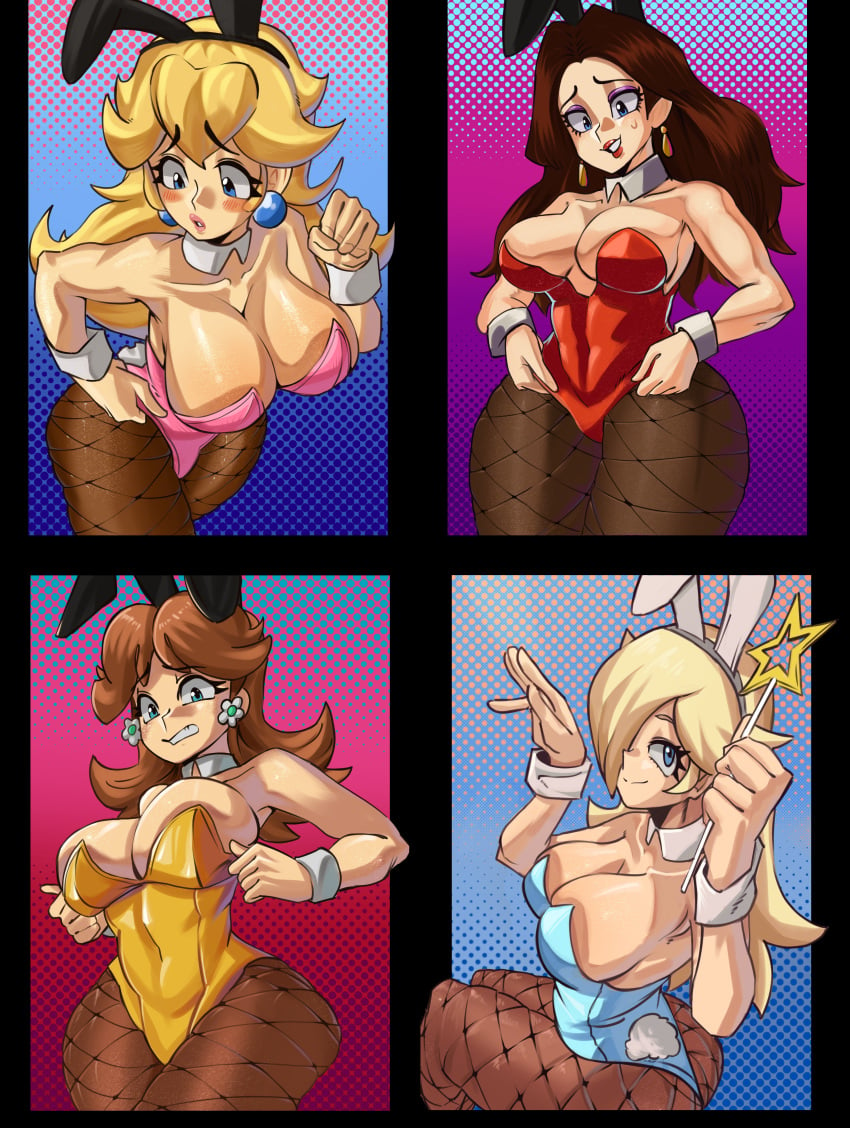 4girls alternate_costume animal_ears ass big_breasts blonde_hair blue_eyes breasts brown_hair bunny_ears bunny_tail bunnysuit cleavage colorful detached_collar earrings female female_only fishnet_pantyhose fishnets highres huge_breasts jewelry large_breasts leotard mario_(series) moxydrawsmore nervous_expression nintendo pantyhose pauline playboy_bunny princess_daisy princess_peach princess_rosalina rabbit_ears solo super_mario_galaxy tagme tail thick_thighs wrist_cuffs yellow_leotard