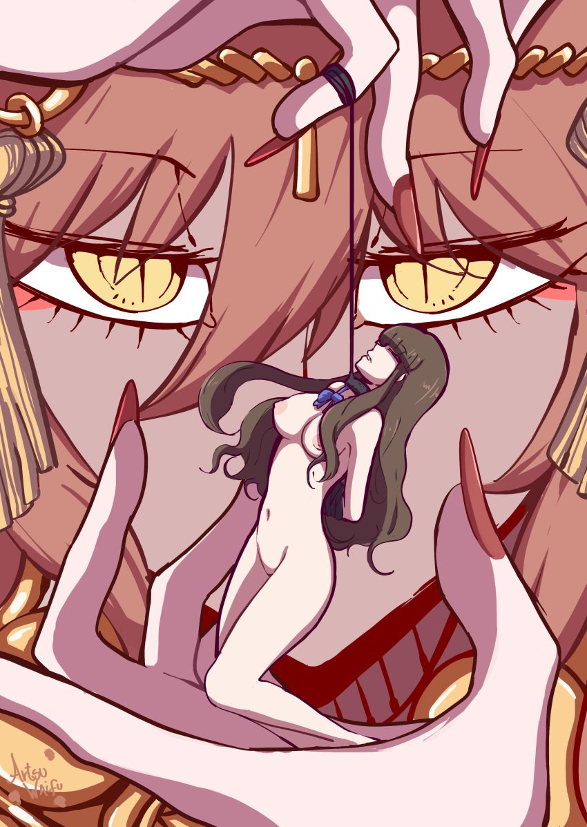 2girls amaterasu_(fate) artsu_waifu bondage brown_hair collar fate/extra_ccc fate_(series) femdom giantess goddess hakuno_kishinami hakuno_kishinami_(fate) hakunon_(female) leash multiple_girls pink_hair ribbon size_difference tamamo_no_mae_(fate) yellow_eyes