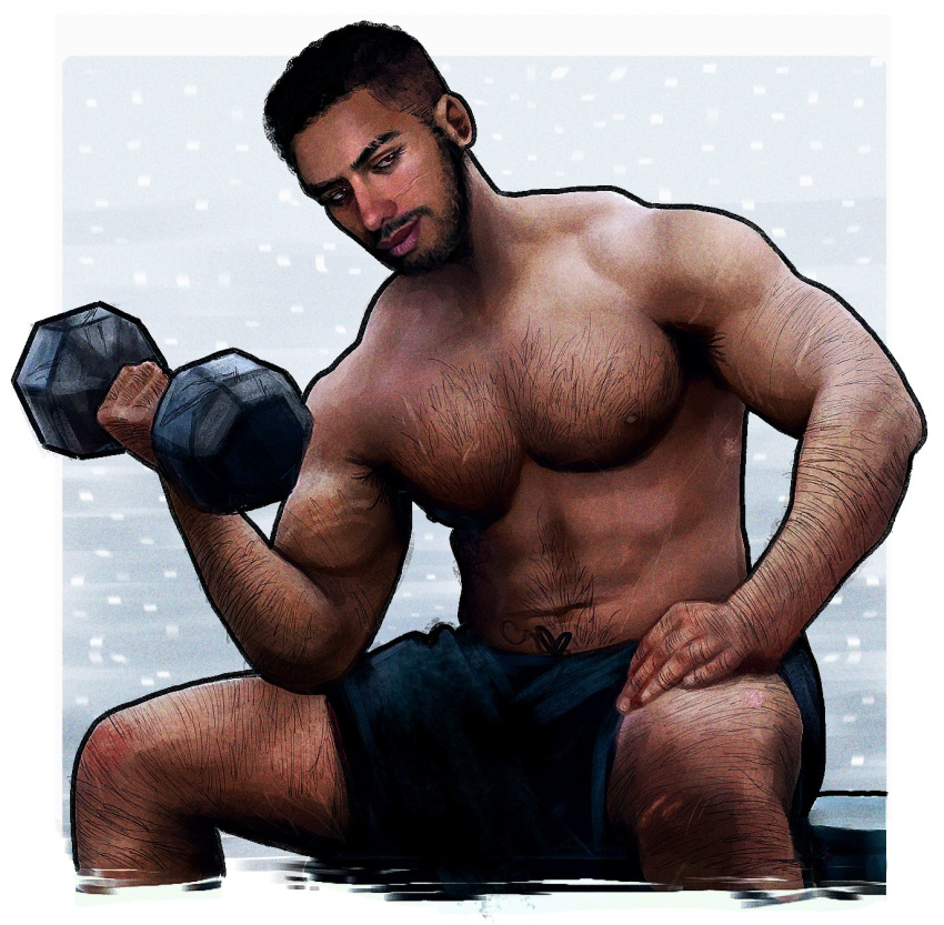 arm_hair brown_skin brown_skinned_male call_of_duty chest_hair dark-skinned_male dark_skin dumbbell facial_hair felrija gaz_(call_of_duty_4) hairy hairy_male happy_trail kyle_garrick lifting_weights male_only muscular muscular_male pecs shirtless shirtless_male shorts weights working_out