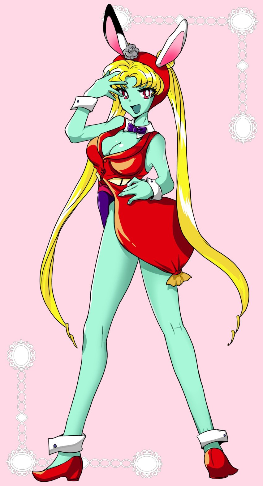 bishoujo_senshi_sailor_moon blue_skin bowtie breast_expansion bunny_ears bunnysuit cleavage clothing corruption dark_persona enemy_conversion large_breasts miqua666 post_transformation red_dress red_shoes sailor_moon skin_color_change small_breasts tagme thigh_expansion usagi_tsukino