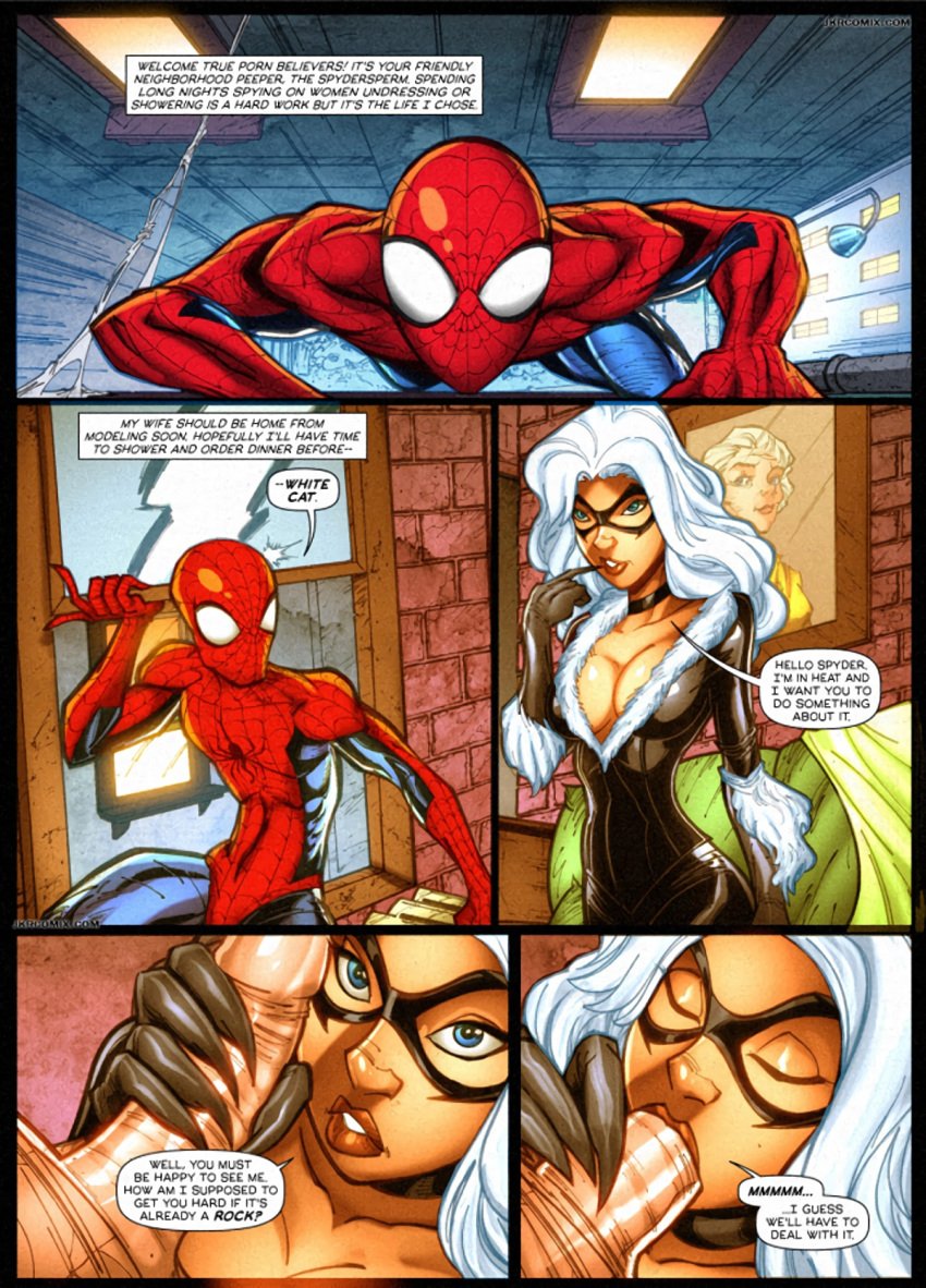 1boy 2girls bed bedroom black_cat_(marvel) blonde_hair breasts comic comic_page english_text felicia_hardy female jkr jkrcomix large_breasts male marvel marvel_comics multiple_girls ot3 penis peter_parker pussy sex speech_bubble spider-man spider-man_(series) spyder-sperm_(comic) stealth_sex straight_hair threesome vaginal_penetration