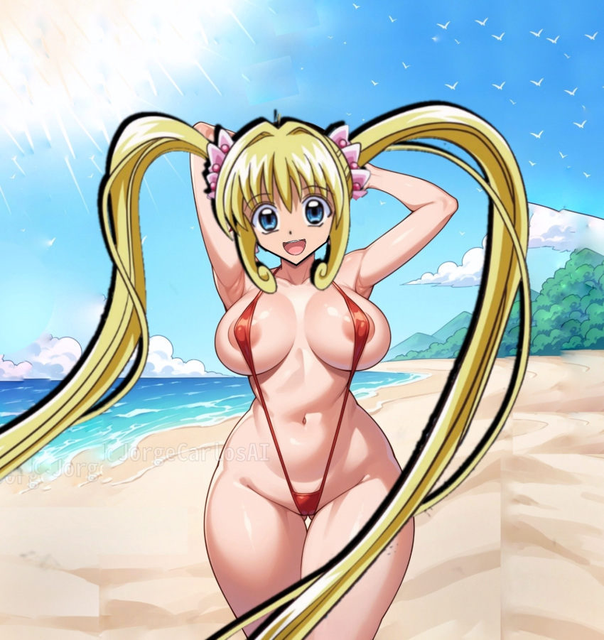 1girls ai_generated athletic athletic_female bad_edit beach big_breasts bikini blonde_female blonde_hair blonde_hair_female breasts covered_nipples covered_pussy erect_nipples female_only half_naked large_breasts light-skinned_female light_skin looking_at_viewer mermaid_melody_pichi_pichi_pitch nanami_lucia nipples red_bikini smile smiling smiling_at_viewer solo_female