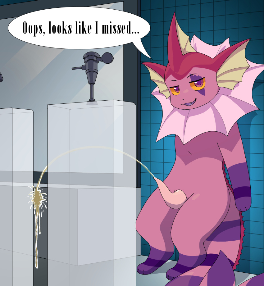 anthro bathroom bodily_fluids dialogue eeveelution erection esp33on fan_character generation_1_pokemon genital_fluids genitals hi_res leaning_on_wall male nintendo peeing peeing_on_wall penis pokemon pokemon_(species) solo tail taunting urinal urine urine_on_wall vaporeon watersports