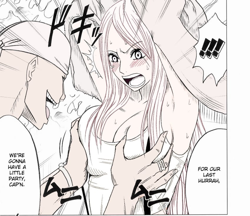 aged_up big_breasts breast_grab colored crimson_comics doujinshi enel_wannabe female jewelry_bonney male one_piece pink_hair pirate rape shocked text