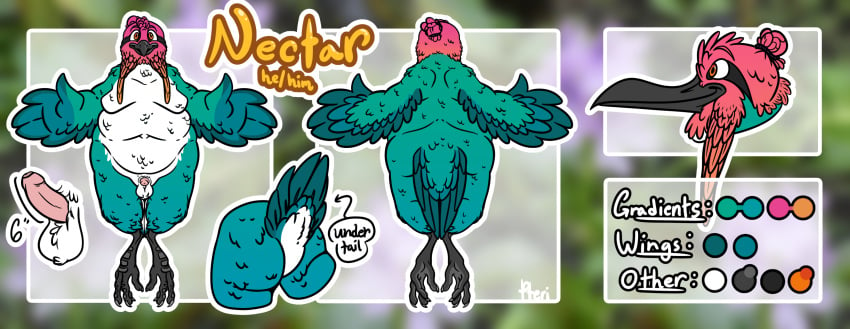 absurd_res apodiform avian bee_hummingbird bird feet genitals hi_res humanoid_genitalia hummingbird male model_sheet nectar_(pteri) overweight overweight_male penis pteri_(artist) talons toes trochilinae