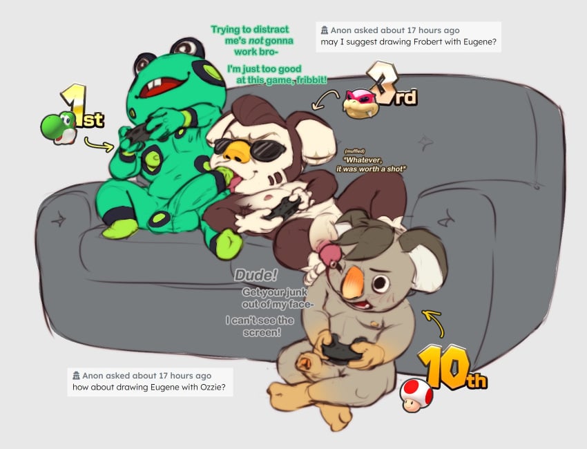 animal_crossing anthro balls blowjob boner couch erection eugene_(animal_crossing) flaccid frobert_(animal_crossing) frog furry gay hexaflexagoon koala male male_only nintendo nude oral ozzie_(animal_crossing) penis penis_on_face sitting sunglasses text video_game_controller