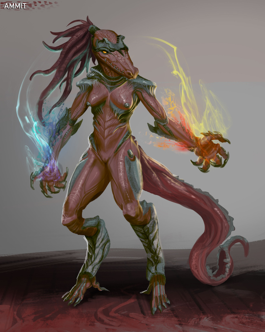 absurd_res ammit_(maddug) anthro athavan athletic athletic_anthro athletic_female breasts claws crocodile crocodilian crocodylid deity digitigrade dreadlocks elemental_manipulation female genitals gigeresque_(genre) green_body green_nipples hair hi_res natural_armor nipples nude_anthro nude_female ponytail pussy red_body reptile scalie sharp_teeth small_breasts solo teeth yellow_sclera