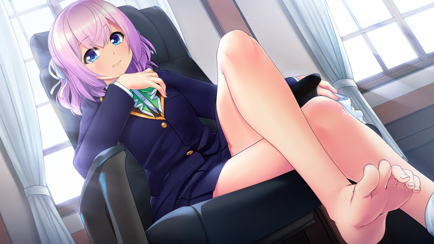 1boy aogiri_penta armchair ayanohara_mikage_(trap_yuri_garden) barefoot blue_eyes crossdressing crossdressing_male curtains feet feet_focus femboy feminine_male foot_fetish game_cg hand_on_chin hi_res highres indoors male no_sex otoko_no_ko pink_hair png short_hair sitting smile solo trap trap_yuri_garden window