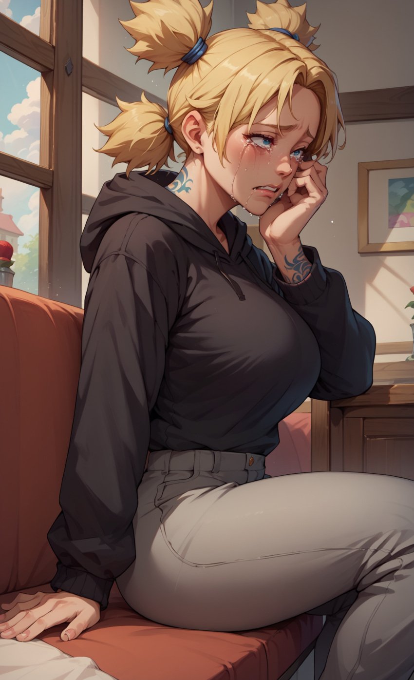 ai_generated black_hoodie conniexx crying grey_pants hand_on_face home large_breasts naruto_(series) pony_diffusion_xl sitting stable_diffusion stressed temari