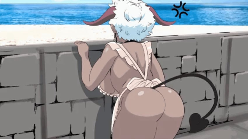 animated animated_image ass ass_focus ch4d85 dark-skinned_female dark_skin demon demon_girl elf-san_wa_yaserarenai naked_apron satero satyr solo tagme tick_mark white_hair