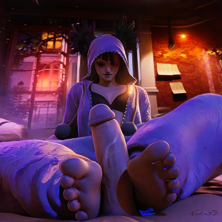 3d barefoot big_feet black_hair feet foot_fetish footjob juri_han nail_polish nibs3d onesie pajamas partially_clothed pillow purple_eyes purple_hair scrunched_toes sleepy soles street_fighter street_fighter_6 tagme toes white_skin