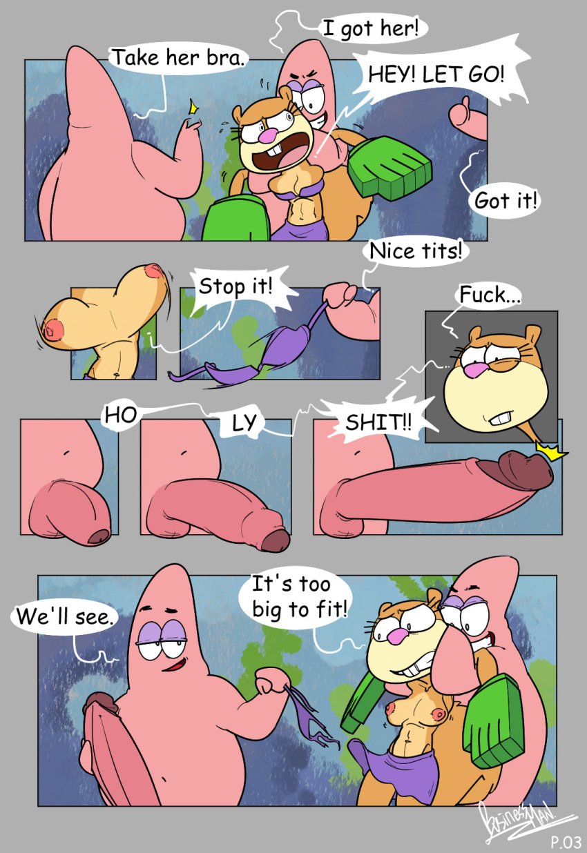 1girls 3boys anthro big_penis breasts breasts_out brown_fur businessman_(artist) comic dialogue erect_penis erection female fluffy_tail furry gloves large_penis male mammal massive_penis nickelodeon nipples nude_male open_mouth page_3 page_number patrick_star penis penis_growth pink_body profanity rape_face removing_clothing rodent sandy_cheeks signature spongebob_squarepants squirrel starfish tail text text_bubble tree_squirrel