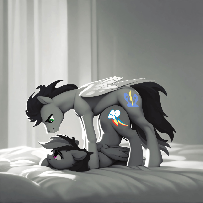 ai_generated ambiguous_penetration balls_deep bed bedroom doggy_style equine face_down_ass_up folded_wings my_little_pony pony rainbow_dash_(mlp) soarin_(mlp)