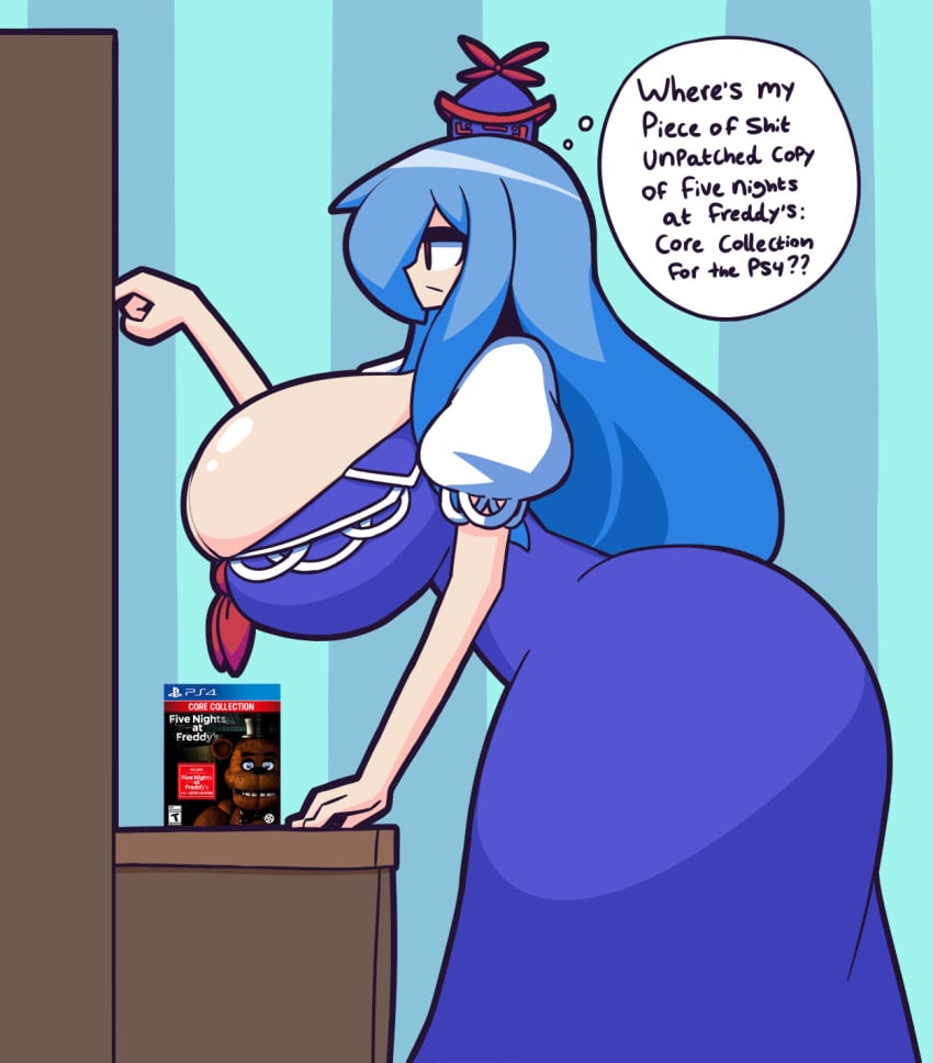 1girls 2024 big_breasts blue_hair gensin huge_ass huge_breasts humor keine_kamishirasawa red_eyes solo solo_female tagme thick_thighs thought_bubble touhou