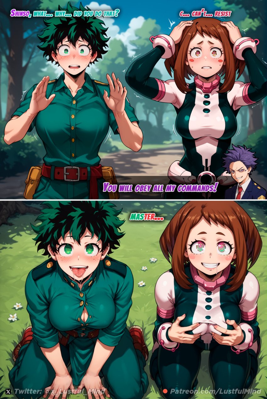 1boy 1boy2girls 2girls ai_generated before_and_after before_sex big_breasts blush bodysuit brown_hair comic comic_page comic_panel comission english_text female female_deku genderswap_(mtf) green_eyes green_hair hands_on_breasts hands_on_head hands_up hypnosis hypnotic_eyes izuku_midoriya kneeling light-skinned_female light-skinned_male looking_at_viewer lustful_mind male midoriya_izuku mind_control my_hero_academia patreon_username pov resisting rule_63 saliva scared shinsou_hitoshi shocked tagme text tongue tongue_out twitter_username uraraka_ochako viewed_from_above