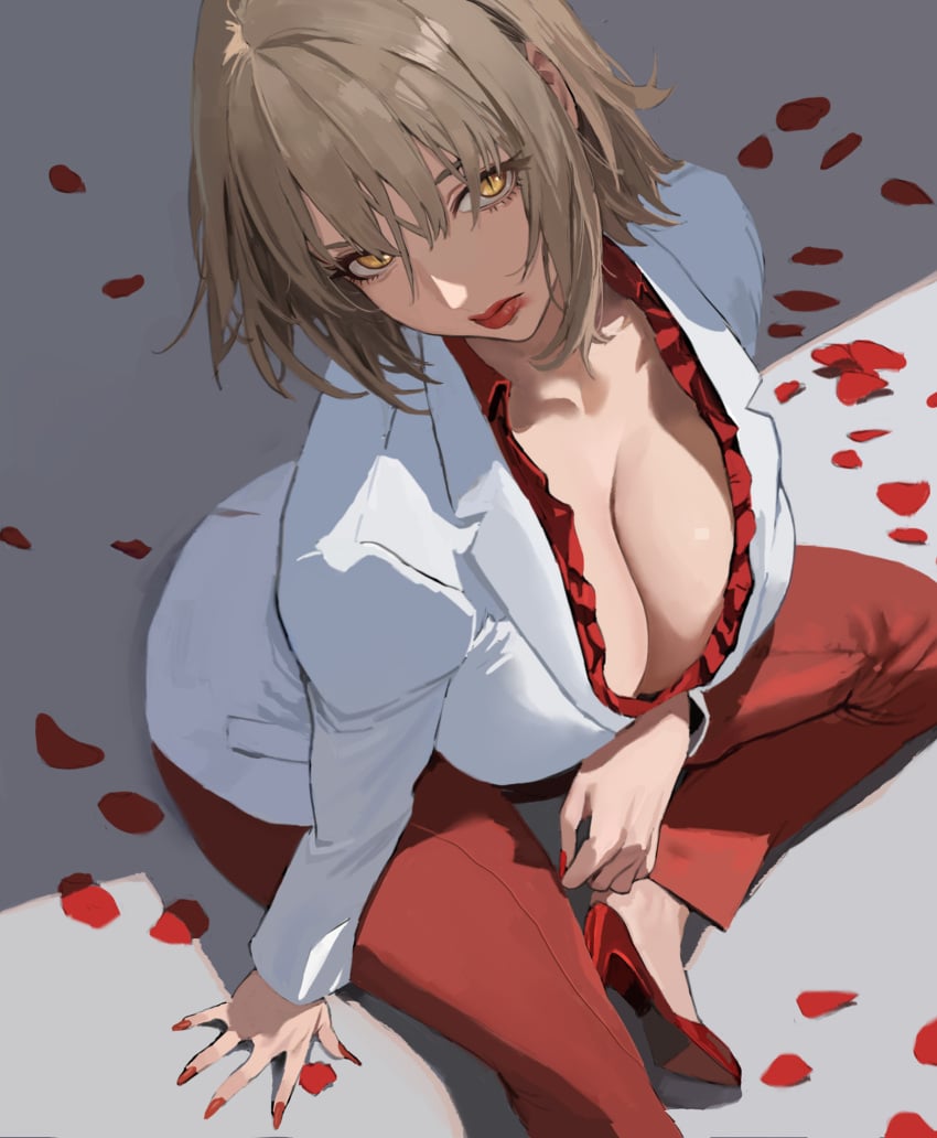 1girls arm_support bangs blonde_hair blonde_hair_female breasts cleavage collared_shirt delicious_in_dungeon dungeon_meshi falin_touden female frills from_above harlot heels high_heels hintobento huge_breasts jacket large_breasts light-skinned_female light_skin looking_at_viewer looking_up medium_hair painted_nails pants petals red_footwear red_heels red_lips red_lipstick red_nails red_pants red_shirt rose_petals shirt sitting sitting_on_floor solo white_jacket yellow_eyes