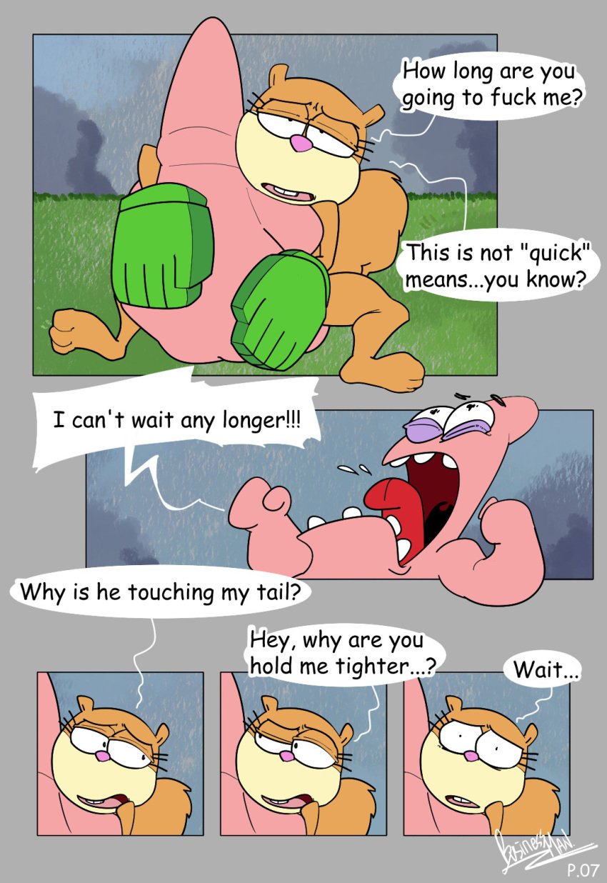 1girls 2boys anthro brown_fur businessman_(artist) comic dialogue female fluffy_tail furry gloves grass holding_each_other interspecies male male/female mammal nickelodeon nude_female nude_male open_mouth patrick_star rodent sandy_cheeks sitting spongebob_squarepants squirrel starfish straight tail text text_bubble tongue tree_squirrel