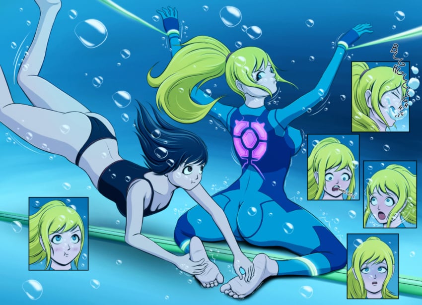 ass bathing_suit bikini bondage breasts breath_play cute drowning geldibson metroid nintendo samus_aran skin_tight swimsuit tickling underwater